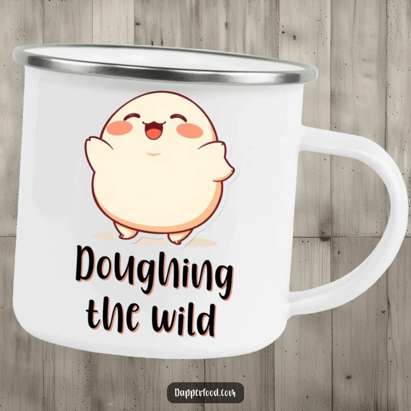Funny Dumpling Bob Camping Mug with a plump, giggling dumpling character bobbing up and down, humorous for adventures.