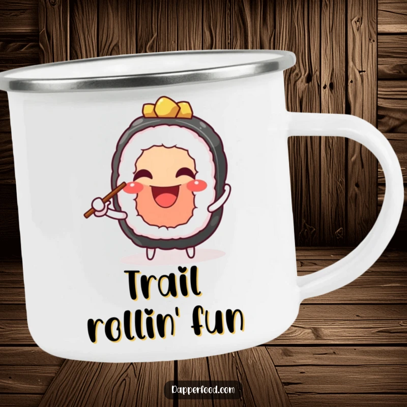 Funny enamel camping mug with a cheerful sushi character juggling chopsticks, built for durability and bringing playful vibes to outdoor experiences. Funny gift.