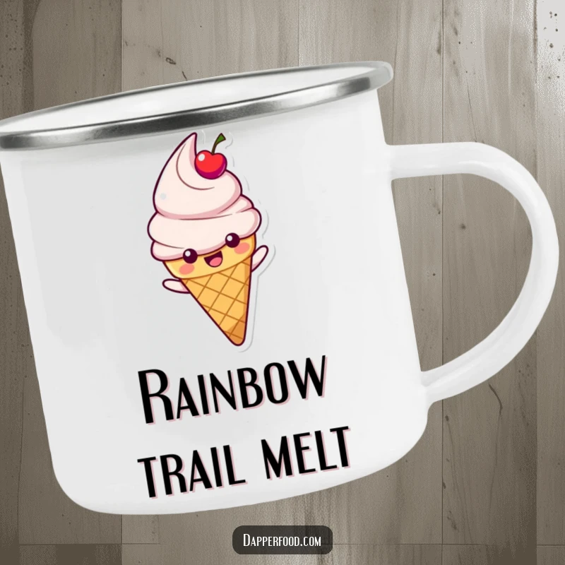 Funny Ice Cream Camping Mug with a happy cone character, cherry topping, sliding down a rainbow, built for outdoor adventures and sweet humor.