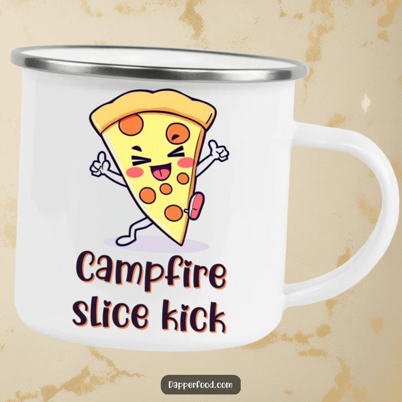 Funny Kawaii Pizza Kick Camping Mug: A determined pizza slice character doing a kick on an enamel mug, perfect for outdoor fun, a great funny gift.