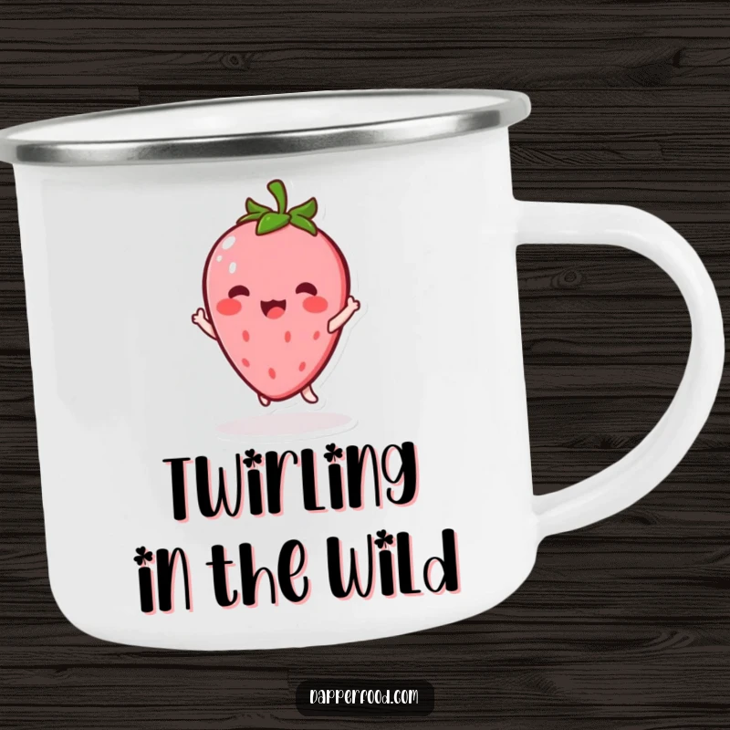 Funny Kawaii Strawberry Camping Mug: A delightful character twirling on an enamel mug, perfect for outdoor fun, a great funny gift.