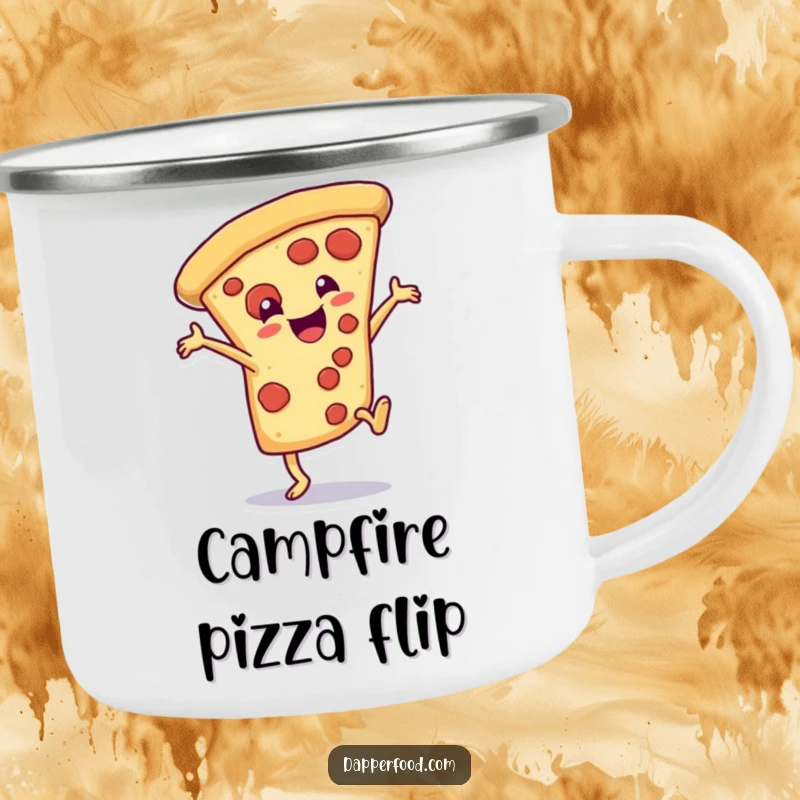 Funny Camping Mug featuring a happy pizza slice character cartwheeling, durable and ready for outdoor fun.