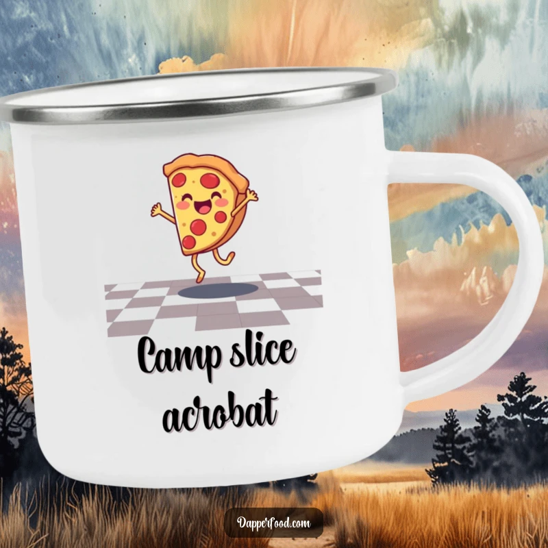 Funny pizza camping mug with a smiling character doing a cartwheel on a checkered floor, ideal for outdoor drinks.