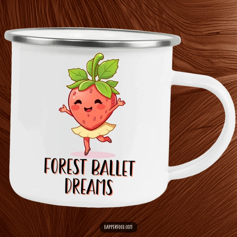 Funny strawberry character doing a ballet twirl with its leaves on a camping mug, ideal for adventurers.