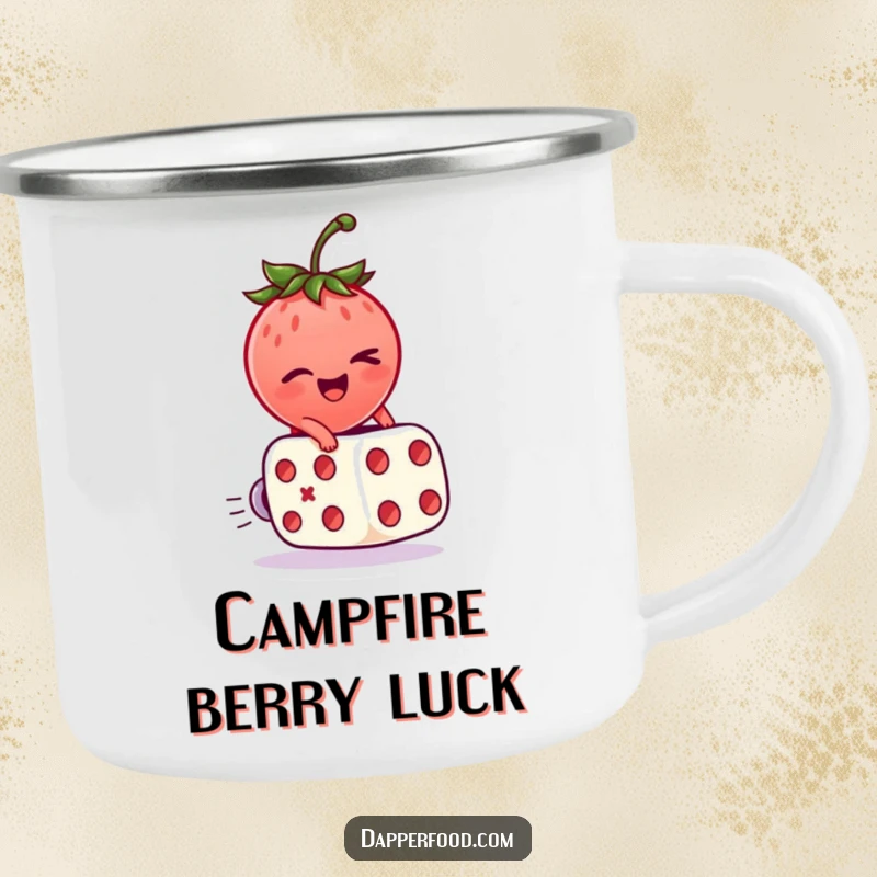 Funny Camping Mug featuring a happy strawberry character winking while riding a dice, durable and ready for fun.