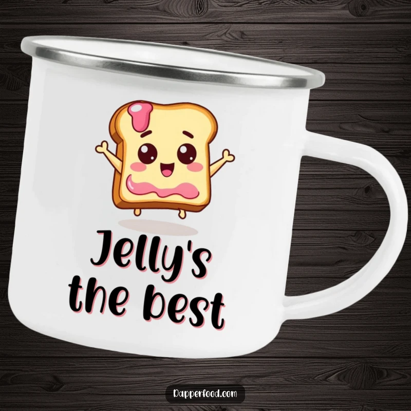 Funny camping mug illustration of a delighted piece of toast with eyes jumping for a jelly jar, perfect for outdoor enjoyment.