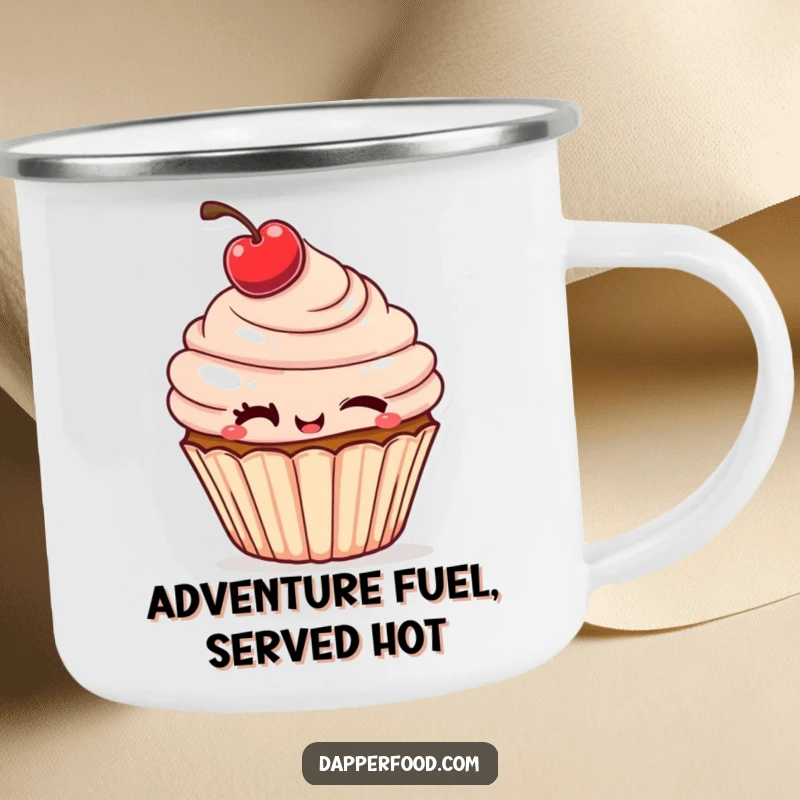 Funny Camping Mug featuring a cheeky cupcake winking, a cherry tilted, ready for outdoor humor.