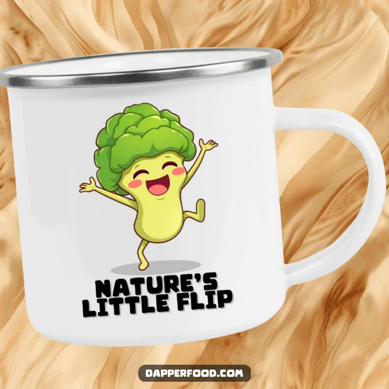 Funny broccoli floret character cartwheeling with glee on a durable camping mug, perfect for outdoor humor.