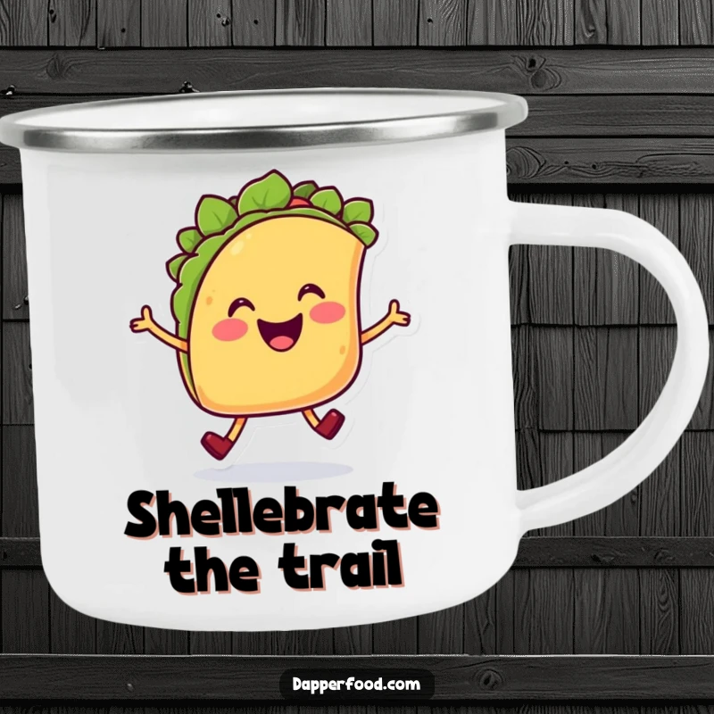 Funny Taco Hop Camping Mug with a cheerful smiling taco character joyfully hopping, durable and humorous for adventures.