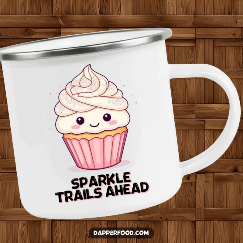 Funny cupcake camping mug with frosting hair showered in glitter, a durable and amusing mug for outdoor enthusiasts.