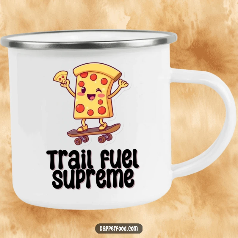 Funny enamel camping mug depicting a smiling pizza slice character balancing on a skateboard under the stars.