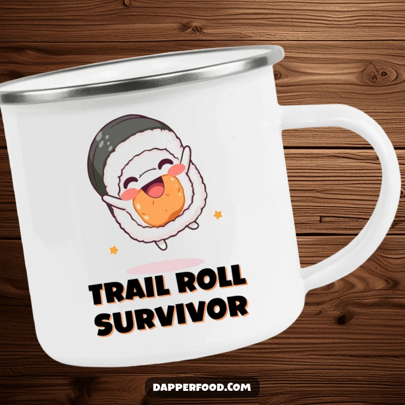 Funny sushi roll camping mug, kawaii character performing a joyful somersault, durable for outdoors, excellent funny gift.