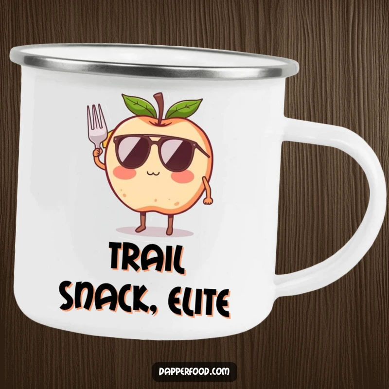 Funny camping mug showcasing a blushing apple character in sunglasses giving a tiny fork salute, perfect for enjoying drinks outdoors with flair.