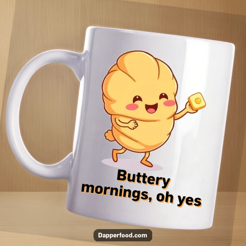 Funny anthropomorphic croissant character doing a joyful jig with a tiny butter pat, featured on a ceramic mug.