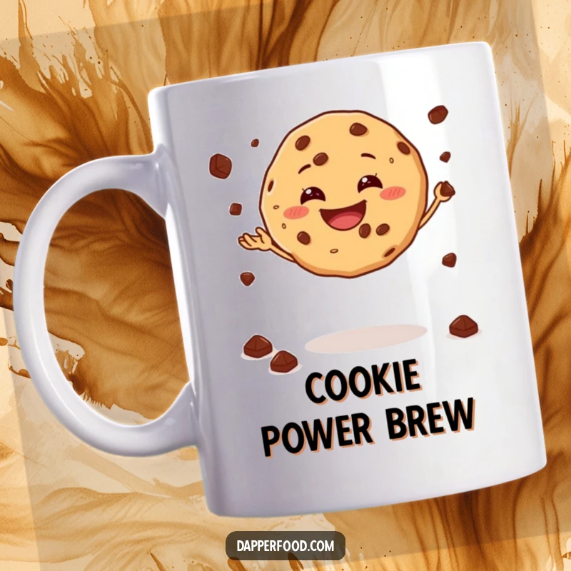 Funny mug featuring a grinning cookie gleefully juggling chocolate chips while balancing precariously.