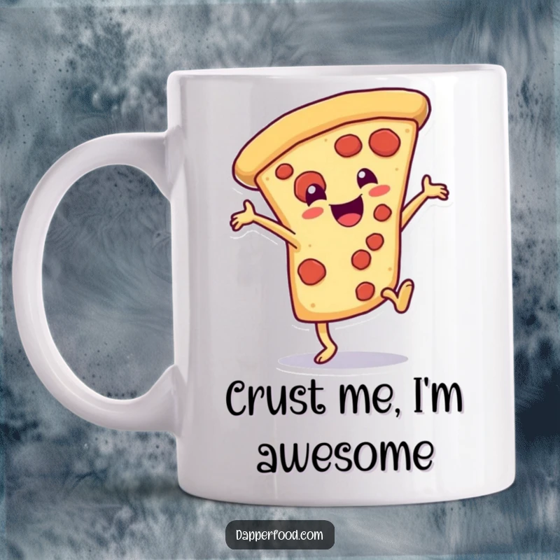 Funny Mug featuring a delighted pizza slice character performing a dramatic cartwheel, full of energetic fun.