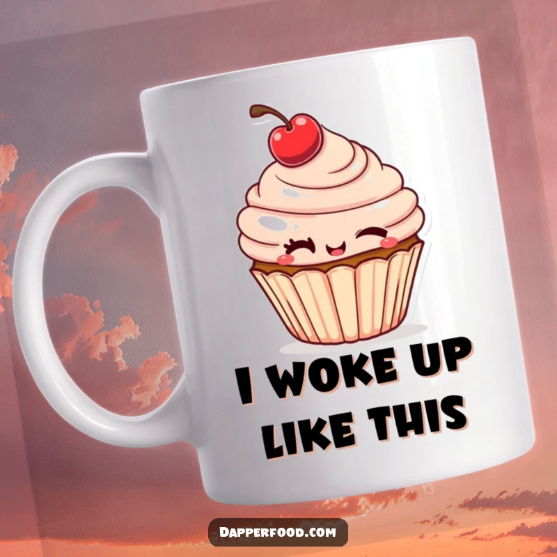Funny Mug featuring a cheeky cupcake winking with a tilted cherry, ready to bring laughter and sweet humor.