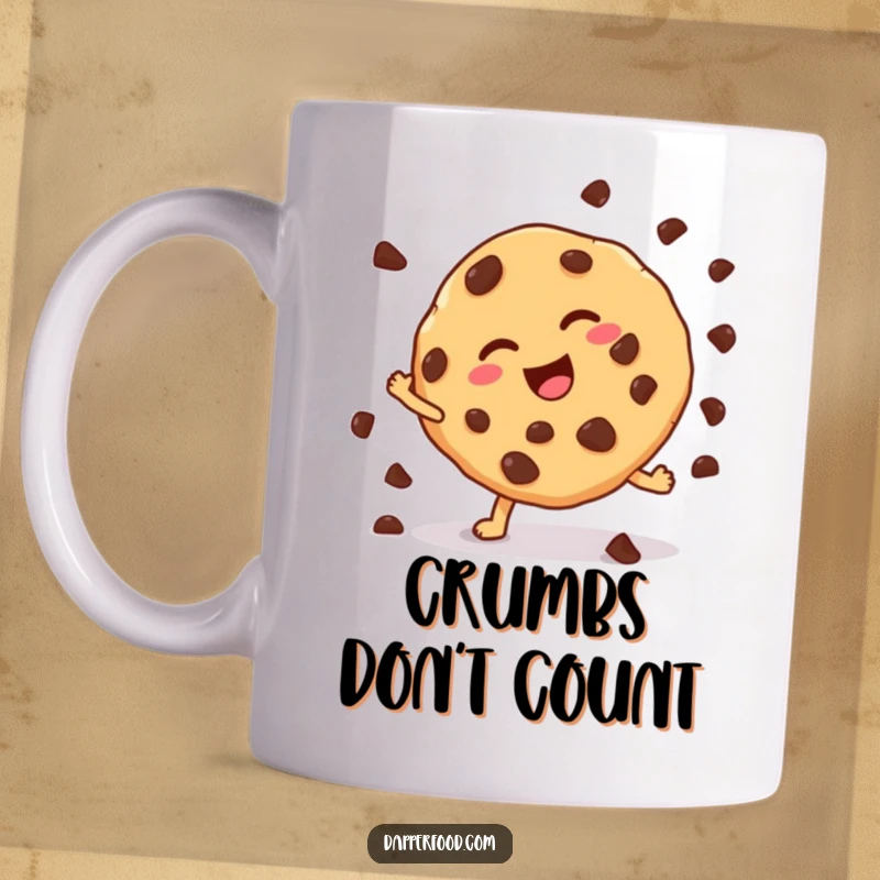 Funny cookie mug with scattered chocolate chips attempting a cartwheel, showing playful energy and sweet chaos. A delightful funny gift.