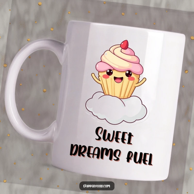 Funny cupcake cloud bounce mug, kawaii character joyfully leaping on a fluffy cloud, sweet and uplifting design, great funny gift.