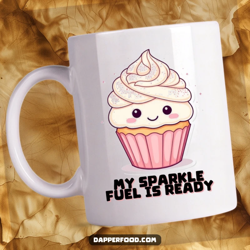 Funny cupcake mug with frosting hair joyfully showered in sparkling glitter, a whimsical and cheerful design.