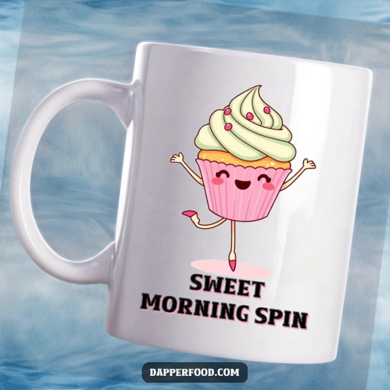 Funny mug art of a cheerful cupcake with legs gracefully performing a ballet pirouette, showcasing dessert delight and movement.