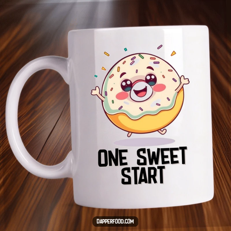 Funny donut mug with sprinkles flying as it bounces enthusiastically, expressing pure, sugary joy. A delightful funny gift.