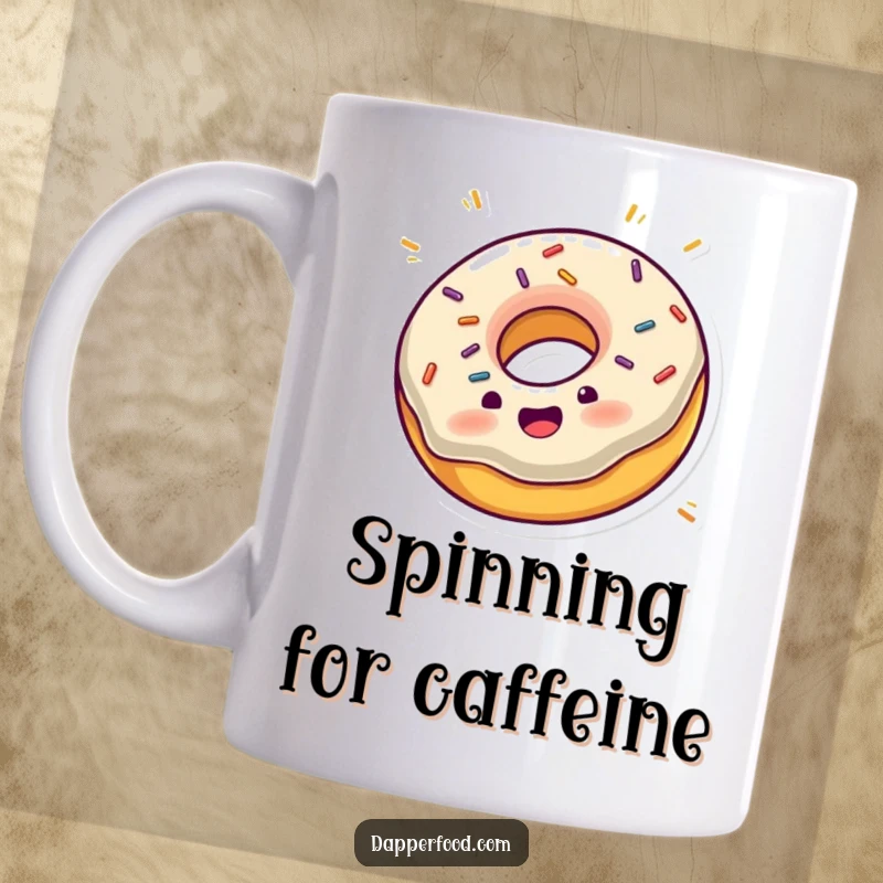 Funny mug showing an excited donut with sprinkles joyfully spinning on its edge, full of motion and delight.
