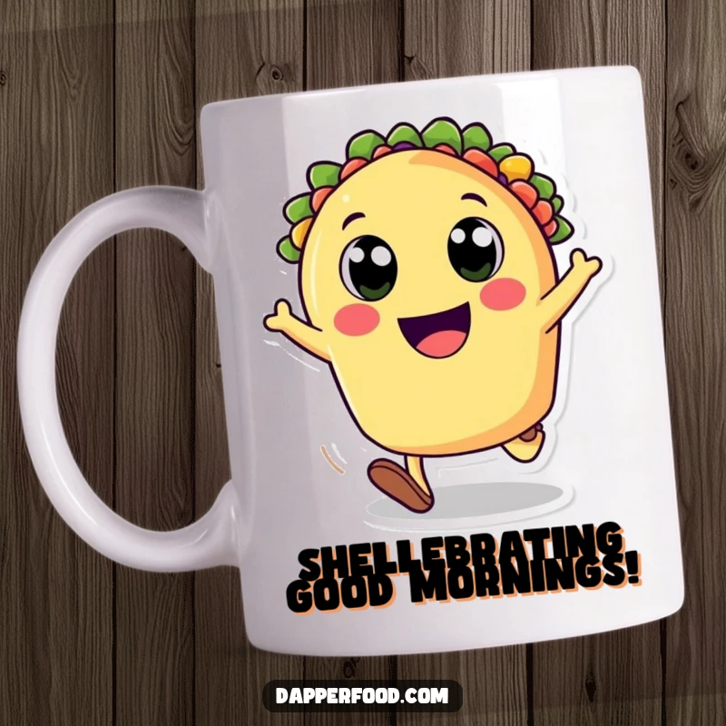 Funny mug featuring a happy taco character with big eyes doing a cartwheel, expressing pure joy and excitement. A delightful foodie gift.