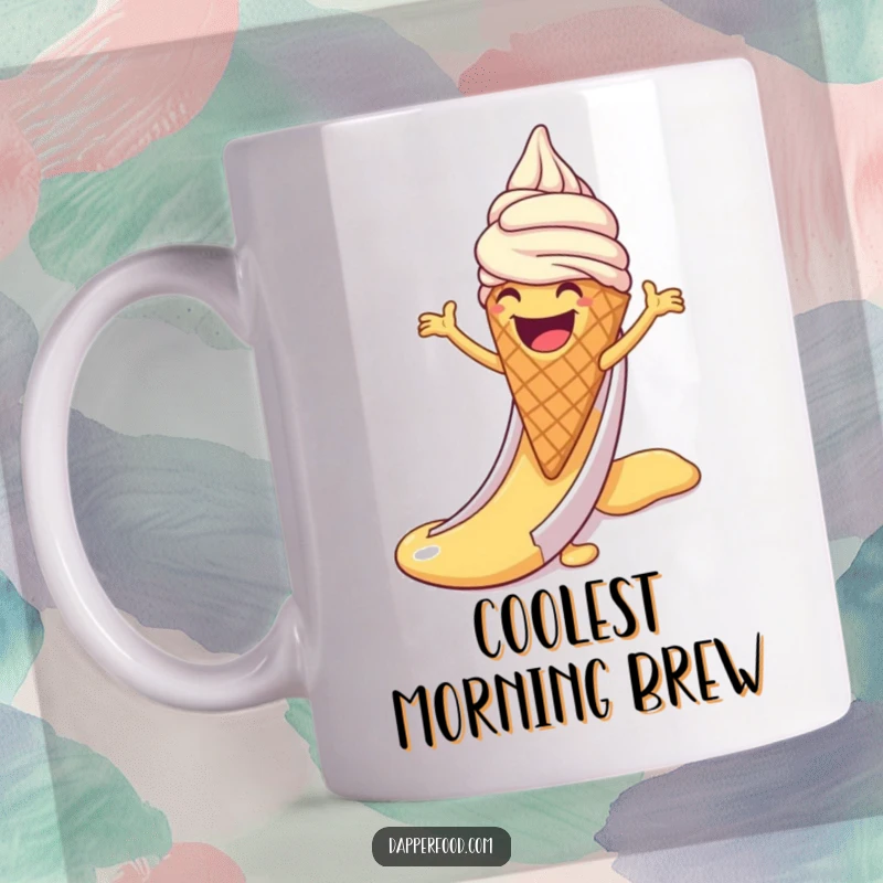 Funny mug illustration of a laughing ice cream cone with arms joyfully sliding down a syrup slide, capturing dessert fun.