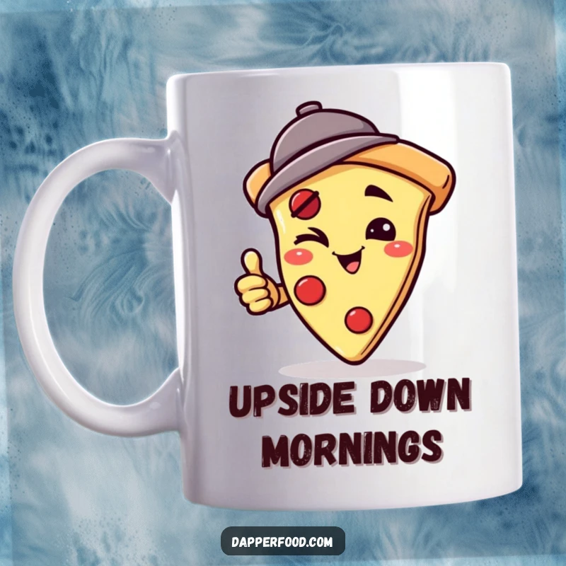 Funny mug featuring a winking pizza slice character wearing a jaunty hat, attempting a challenging handstand. A cheesy and humorous treat.