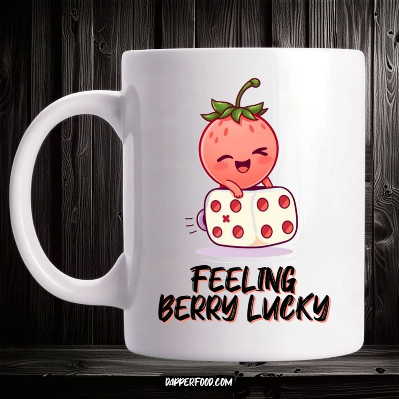 Funny Mug featuring a winking strawberry character confidently riding a rolling dice, embodying luck and whimsy.