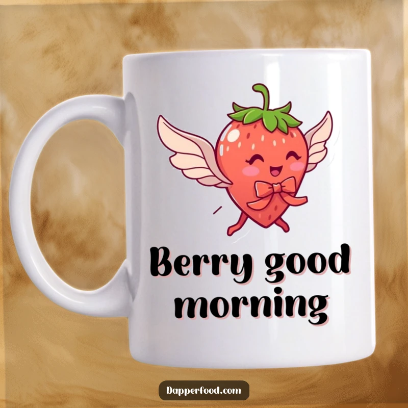 Funny mug showing a delightful strawberry character with legs and wings, comically trying to fly while wearing a ribbon, full of sweet aspiration.