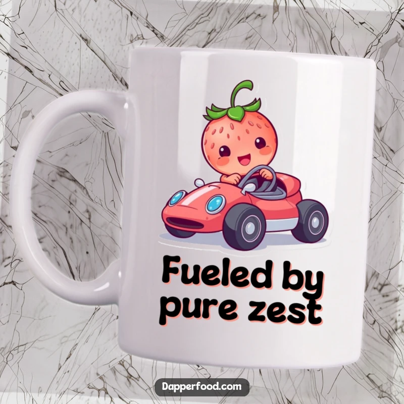 Funny strawberry mug featuring a smiling character in a tiny race car, depicted in a dynamic and humorous racing scene.