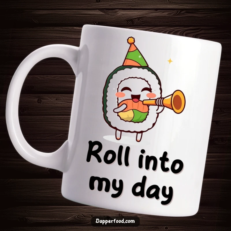 Funny sushi roll mug, wearing a party hat, enthusiastically playing a tiny trumpet, exuding festive and musical joy.