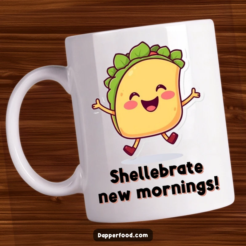 Funny Taco Hop Mug featuring a cheerful smiling taco character with tiny legs joyfully hopping, radiating happiness and fun.
