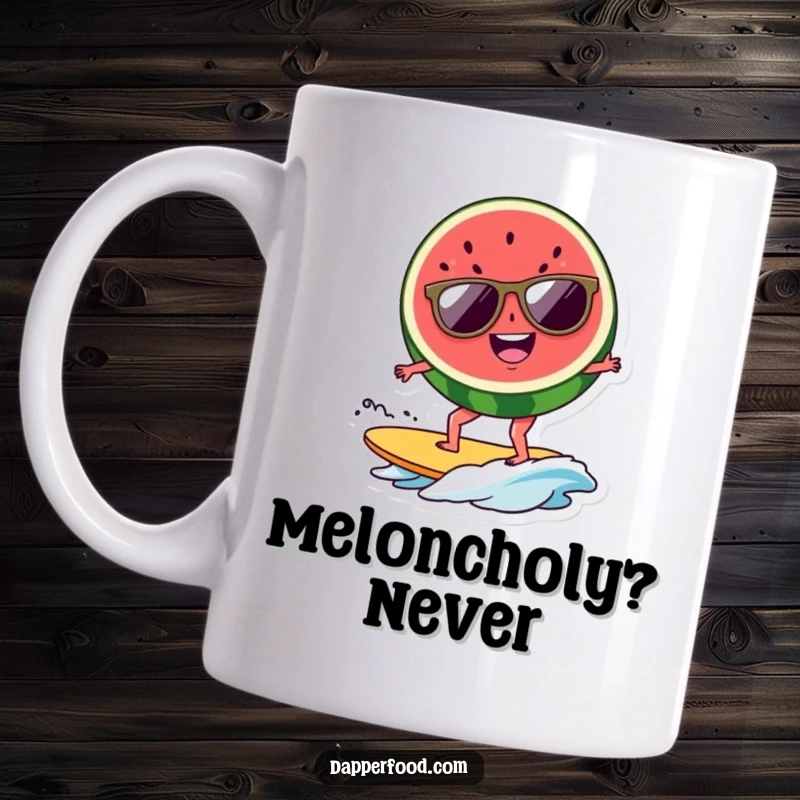 Funny watermelon slice mug, wearing sunglasses, cheerfully surfing on a tiny wave. A cool and refreshing funny gift.