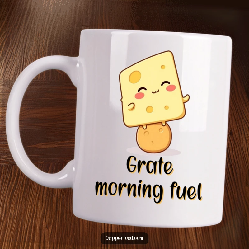 Funny cheese cracker giggle mug, kawaii cheese character laughing while balancing on a cracker, witty and fun design, great funny gift.