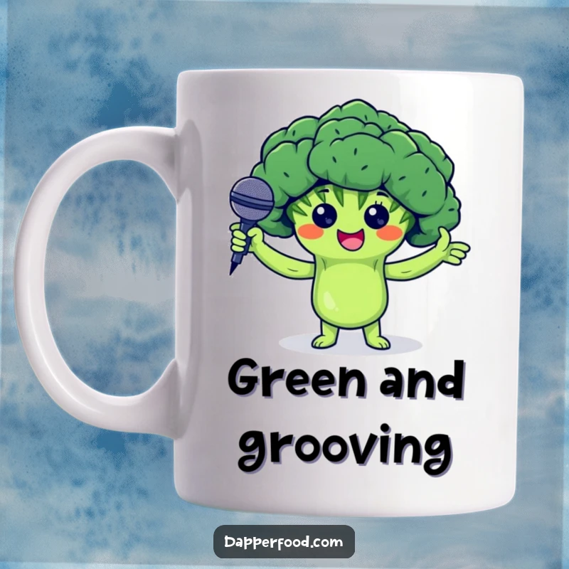 Funny mug with a proud broccoli floret character holding a tiny microphone, ready to perform, embodying healthy humor and stage presence.
