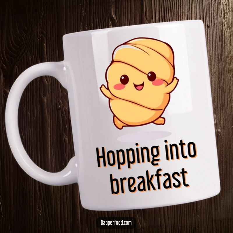 Funny Kawaii Croissant Mug: A happy pastry character doing a small hop, ideal for a cheerful coffee or tea gift.