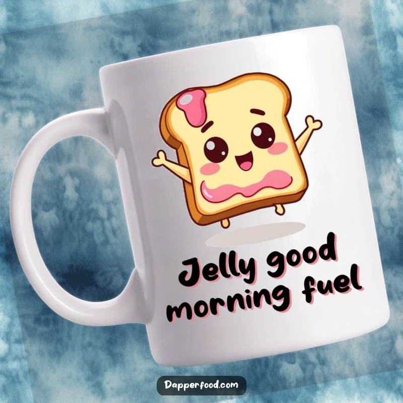 Funny mug illustration of a delighted piece of toast with eyes joyfully jumping towards a jelly jar, capturing breakfast excitement.