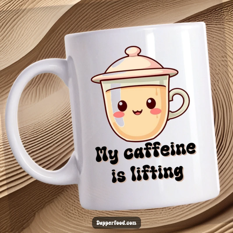 Funny coffee mug with a charming cup character and a flying saucer lid hovering gleefully, a whimsical and amusing design.