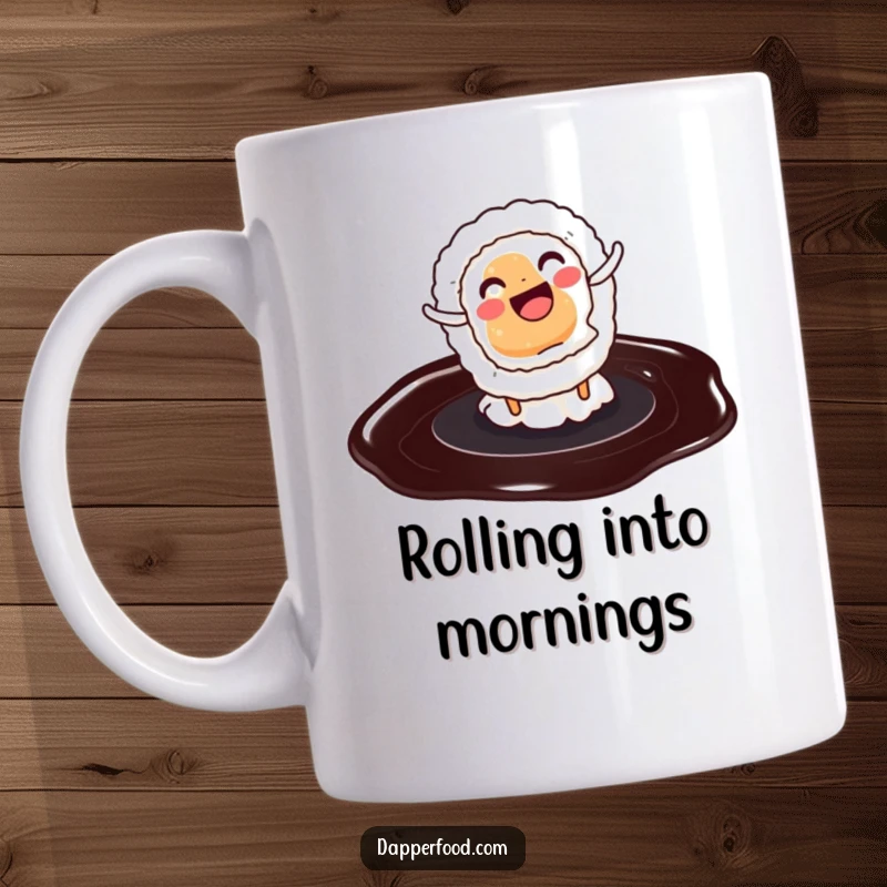 Funny sushi mug with a smiling sushi roll doing a cartwheel on a soy sauce puddle, full of energy and joy.