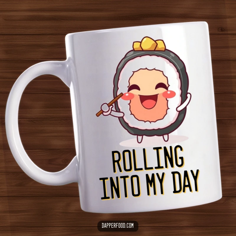 Funny mug featuring a cheerful sushi character with a wide grin skillfully juggling tiny chopsticks, showcasing playful food art. Great funny gift.