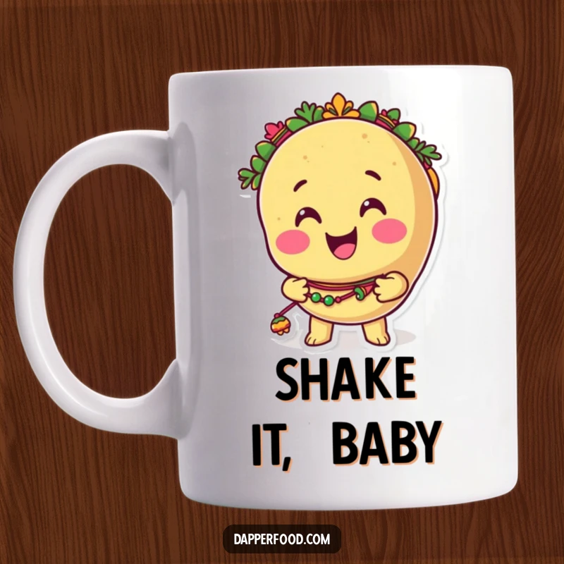 Funny taco mug with a smiling anthropomorphic taco character gleefully adorning itself with tiny, colorful maracas, ready for a fiesta.