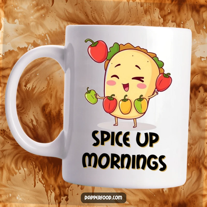 Funny mug featuring a winking taco character skillfully juggling three colorful tiny bell peppers with a confident, playful expression.
