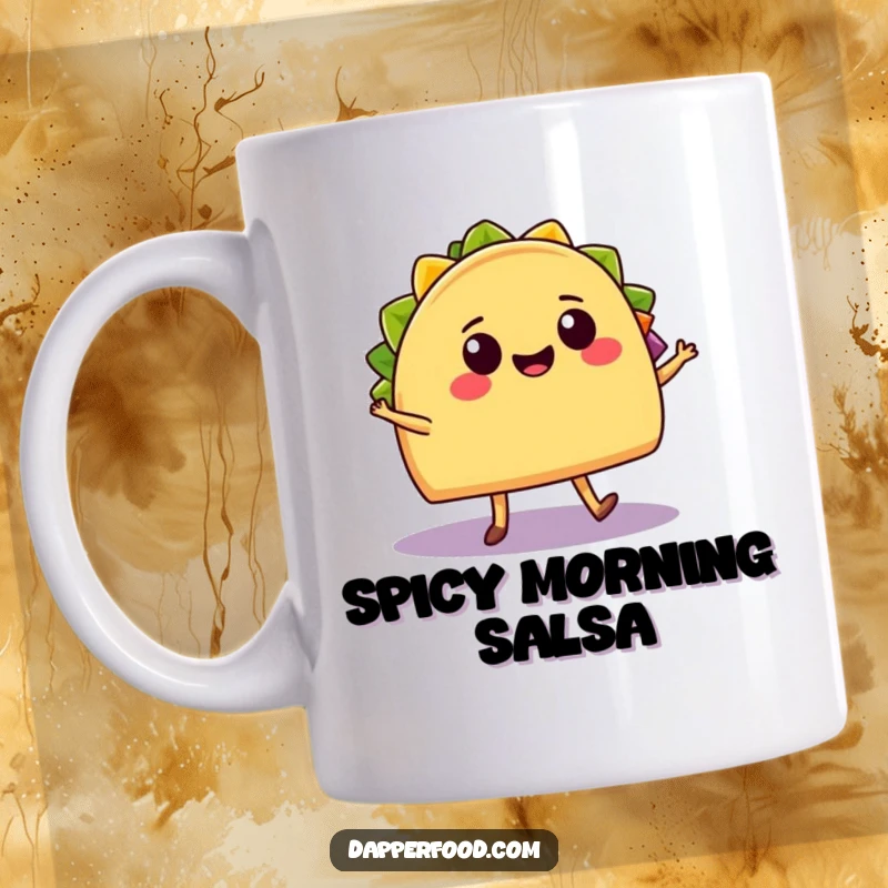 Funny Mug: A cheerful taco with legs salsa dances joyfully with a smiling burrito, radiating Mexican food fun.