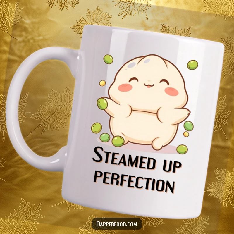 Funny Dumpling Mug featuring a playful character with rosy cheeks, perfectly balancing on a tiny ball, bringing adorable humor to your cup.