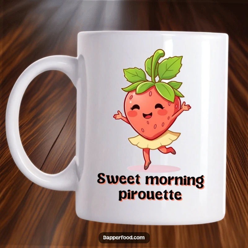 Funny anthropomorphic strawberry character gracefully twirls with its leaves, embodying happiness on this mug.