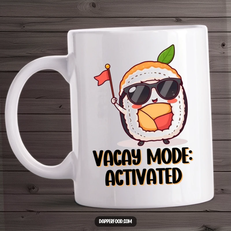 Funny sushi roll with tiny sunglasses waves a tiny flag, exuding pure delight on this mug, perfect for a sunny day.