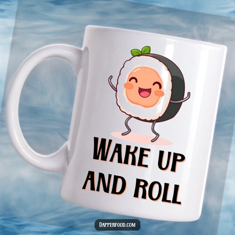 Funny Mug: A happy sushi roll with tiny spring legs joyfully bounces, radiating sushi charm and energy.